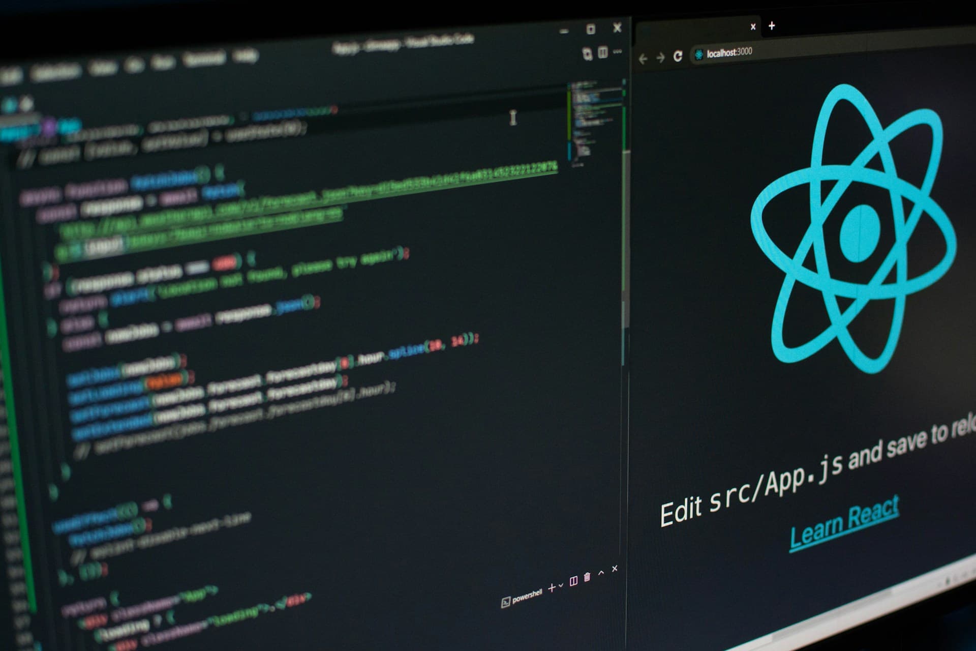 Illustration representing React hooks and component logic.